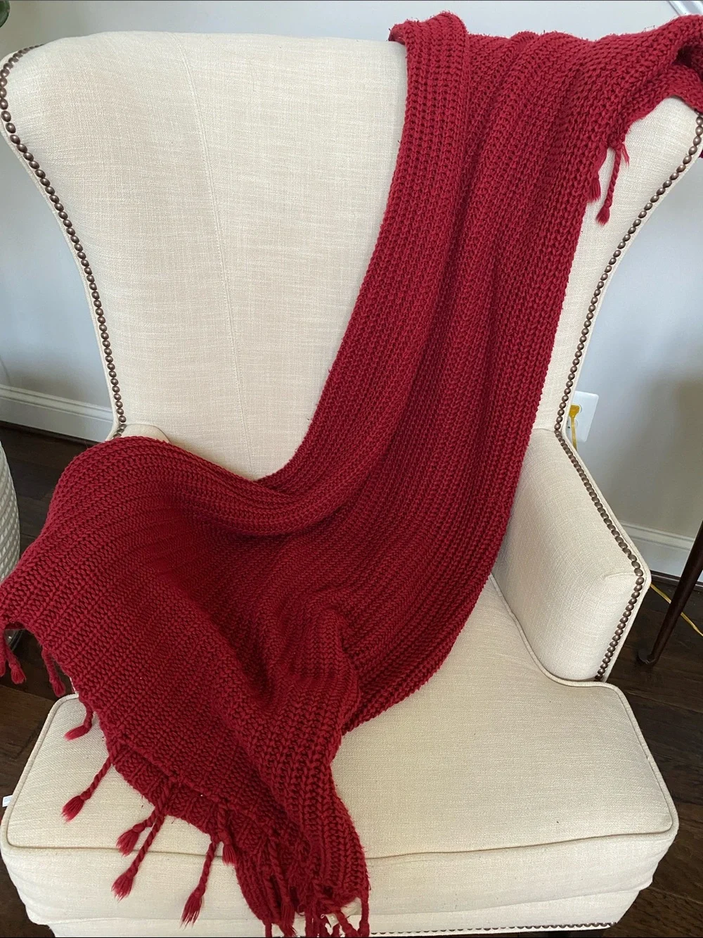 Pottery Barn Red Waffle Knit Throw Blanket with Fringe 50”x60”